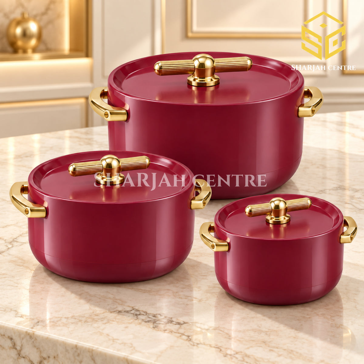 Forever Gold red and gold 3-piece insulated hotpot set in 3L, 2.5L and 2L sizes