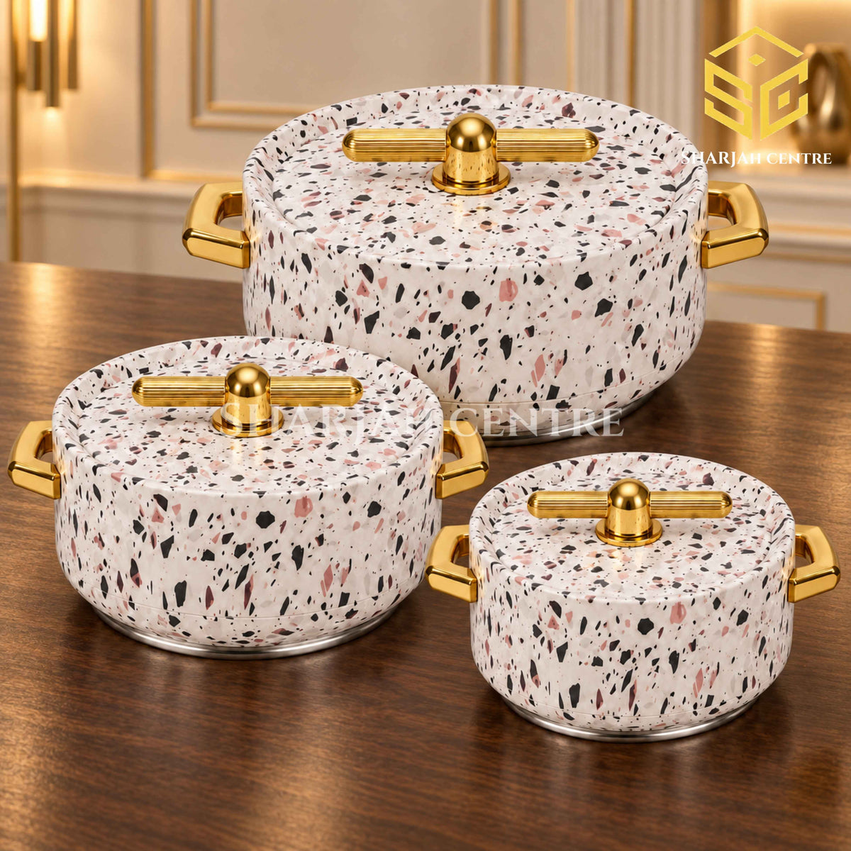 Forever Gold terrazzo 3-piece insulated hotpot set available at Sharjah Centre Multan