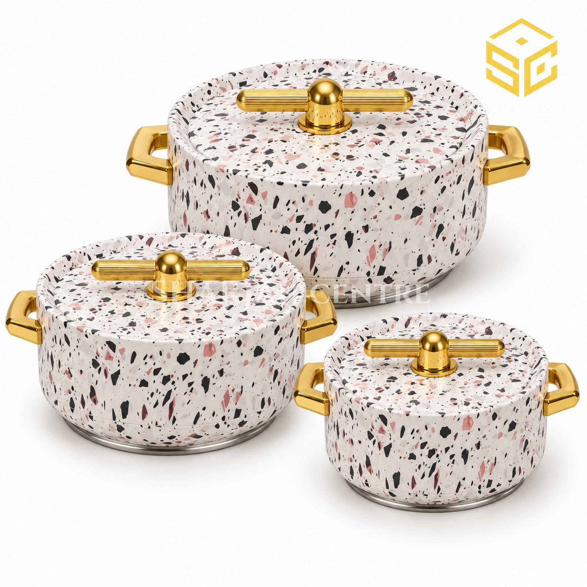 Forever Gold terrazzo 3-piece insulated hotpot set available at Sharjah Centre Multan