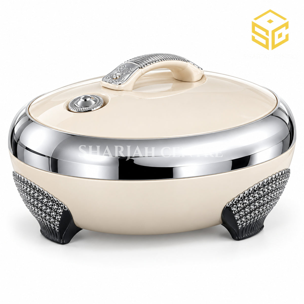 Forever Gold ZEA 5L ivory insulated hotpot with silver trim and decorative feet