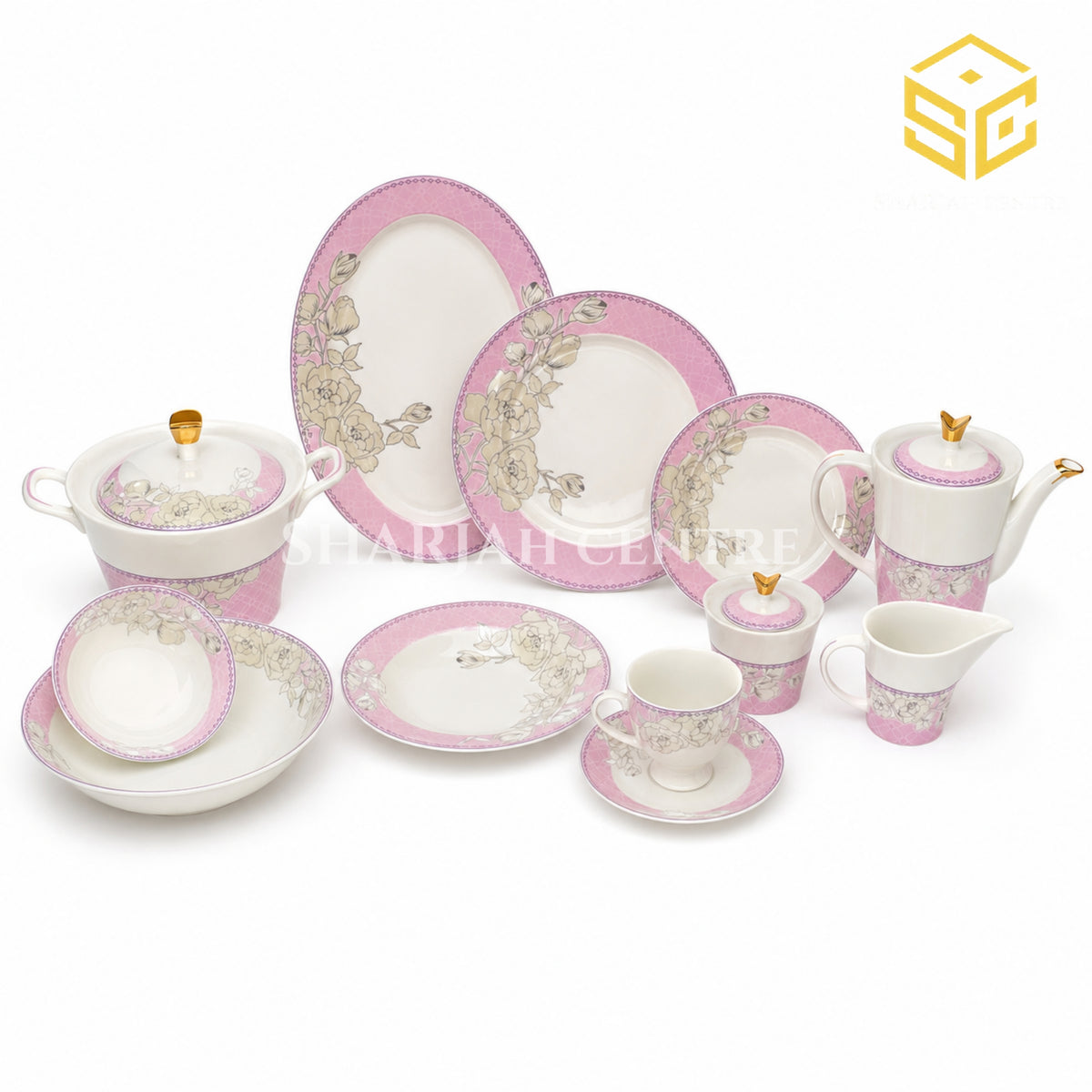 GC fine bone china pink and gold dinner set for 8 person serving white