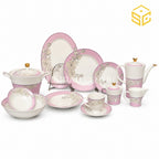 GC pink floral 61-piece dinner set displayed on a luxury wooden dining table white bg