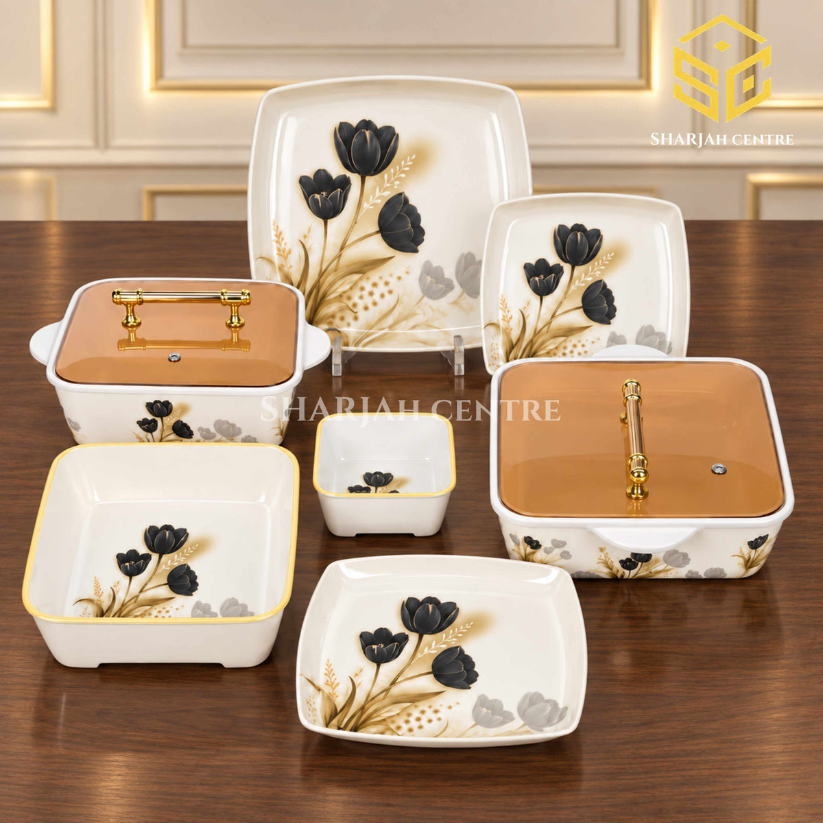Glamour black tulip dinnerware with square plates, matching bowls and amber-lidded serving dishes is displayed on a wooden table.