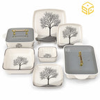 Glamour square dinnerware with black tree silhouettes, grey detailing and smoky-grey lids is arranged against a white background.