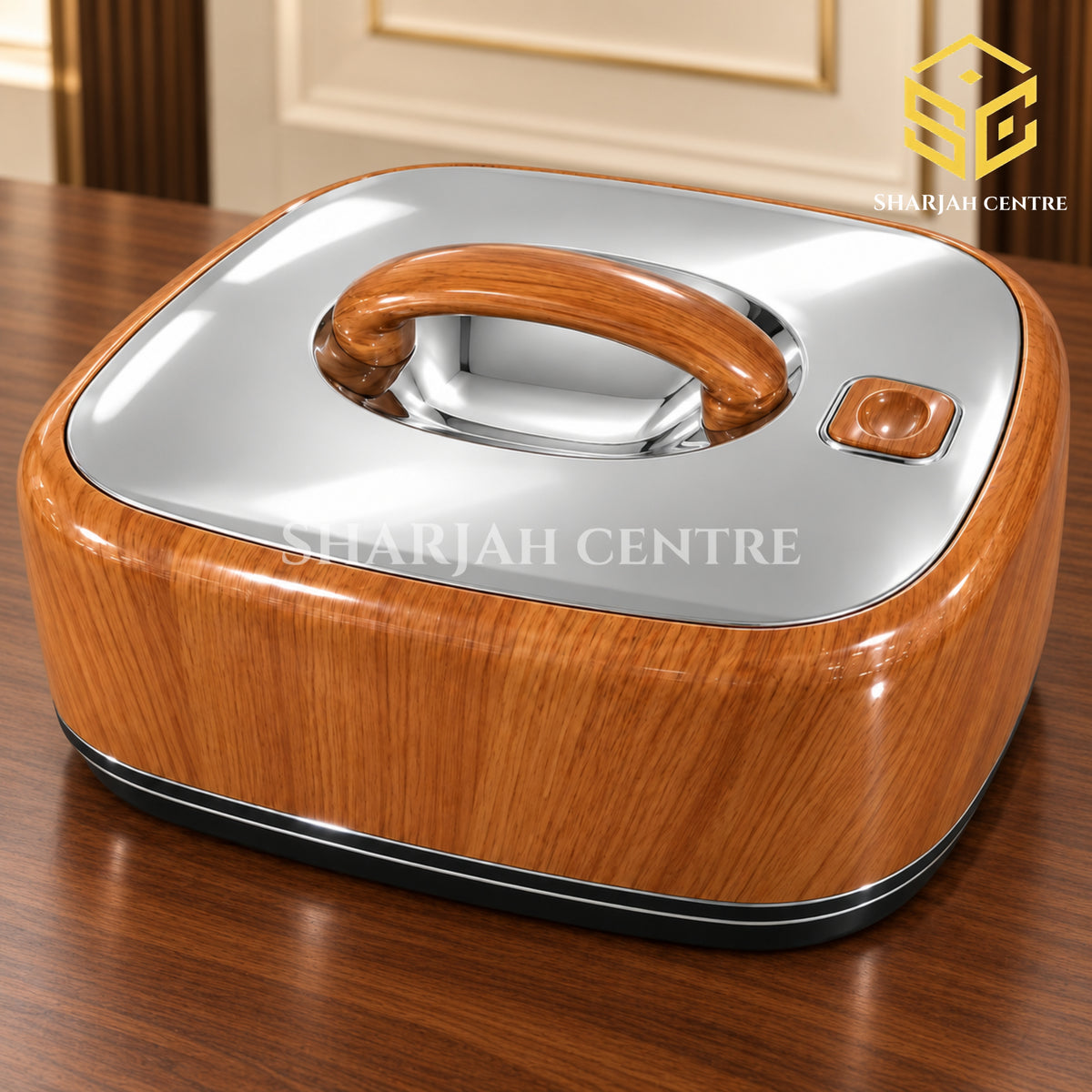 Golden Fire rectangular woodgrain mirror food warmer displayed in a luxury interior