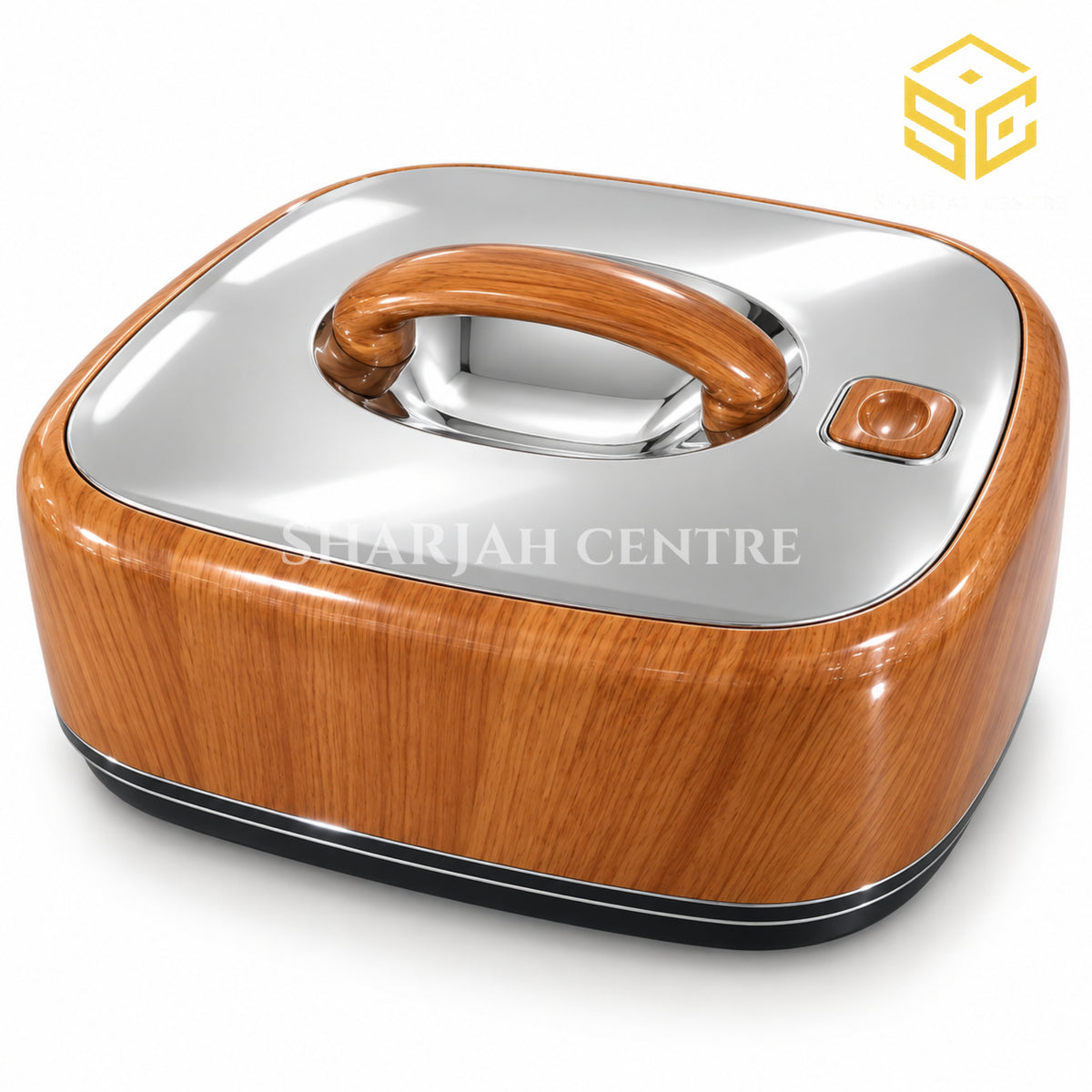 Golden Fire 5.5L rectangular insulated food warmer in Canny woodgrain mirror design