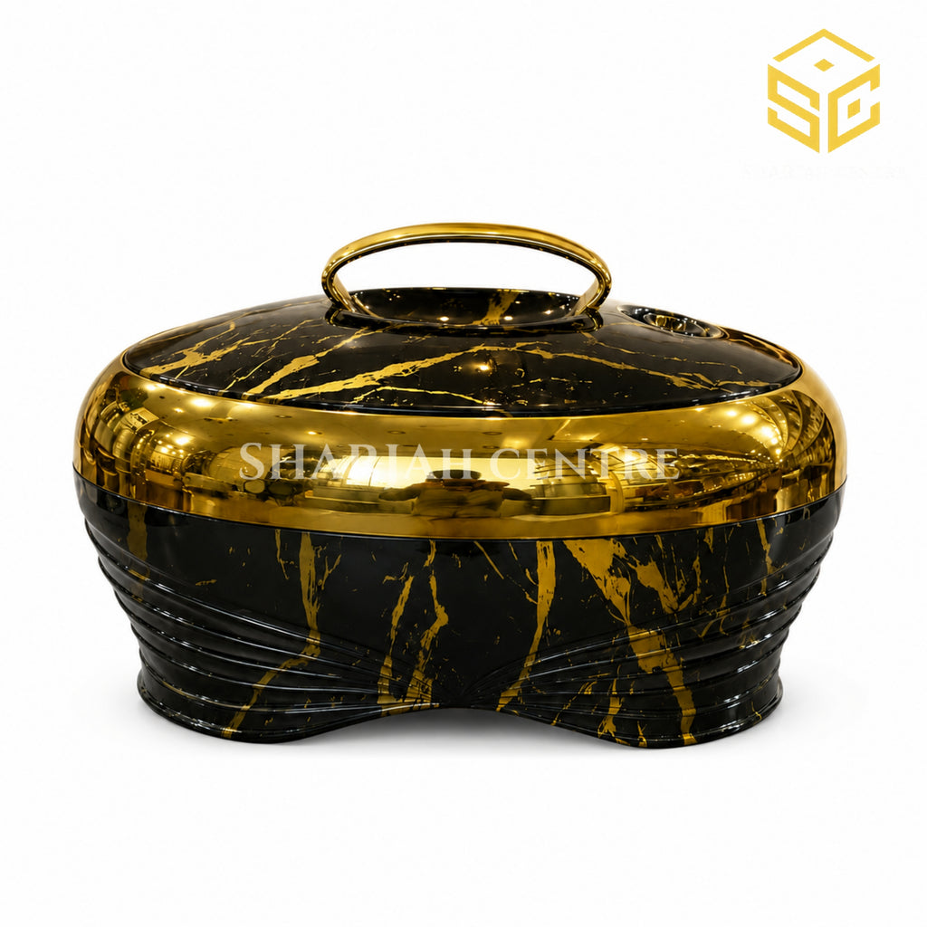 Golden Fire 5 litre black marble insulated hotpot with metallic gold detailing wite bg