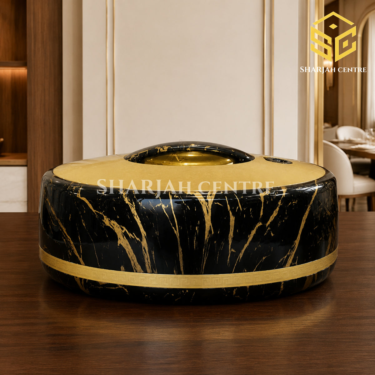 Golden Fire 5 litre black marble hotpot with gold detailing and 18/8 stainless steel interior wooden bg