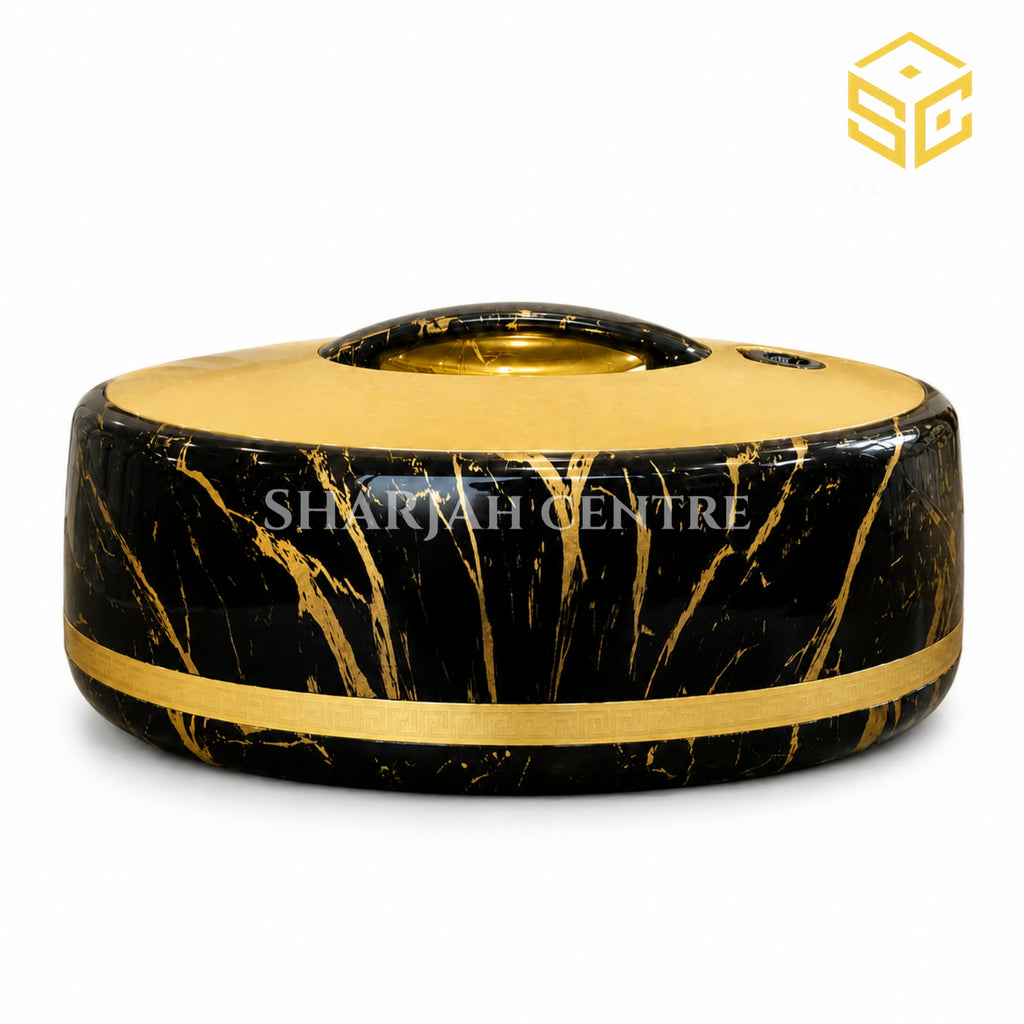 Golden Fire 5 litre black marble hotpot with gold detailing and 18/8 stainless steel interior white bg