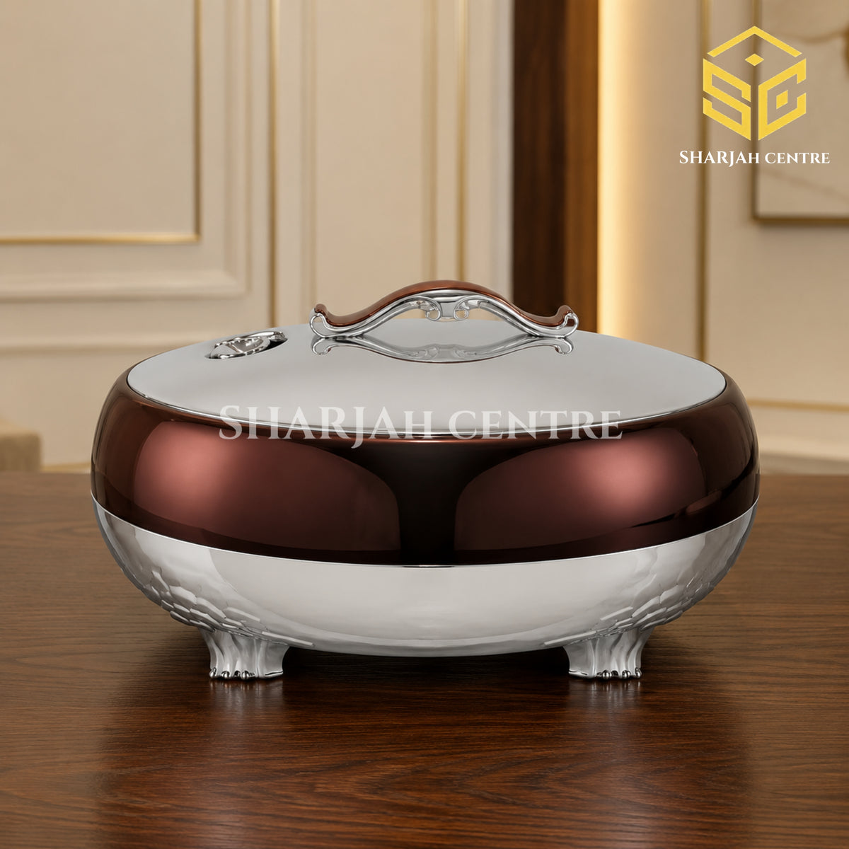 Golden Fire 5 litre coffee brown and silver insulated stainless steel hotpot with decorative handle wooden bg