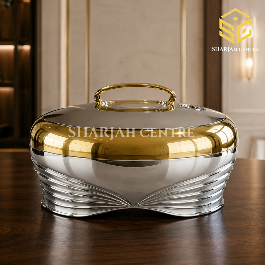 Golden Fire 5 litre gold and silver chrome insulated stainless steel hotpot wooden table