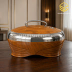 Golden Fire 5 litre wood-finish insulated hotpot with polished silver trim wooden bg