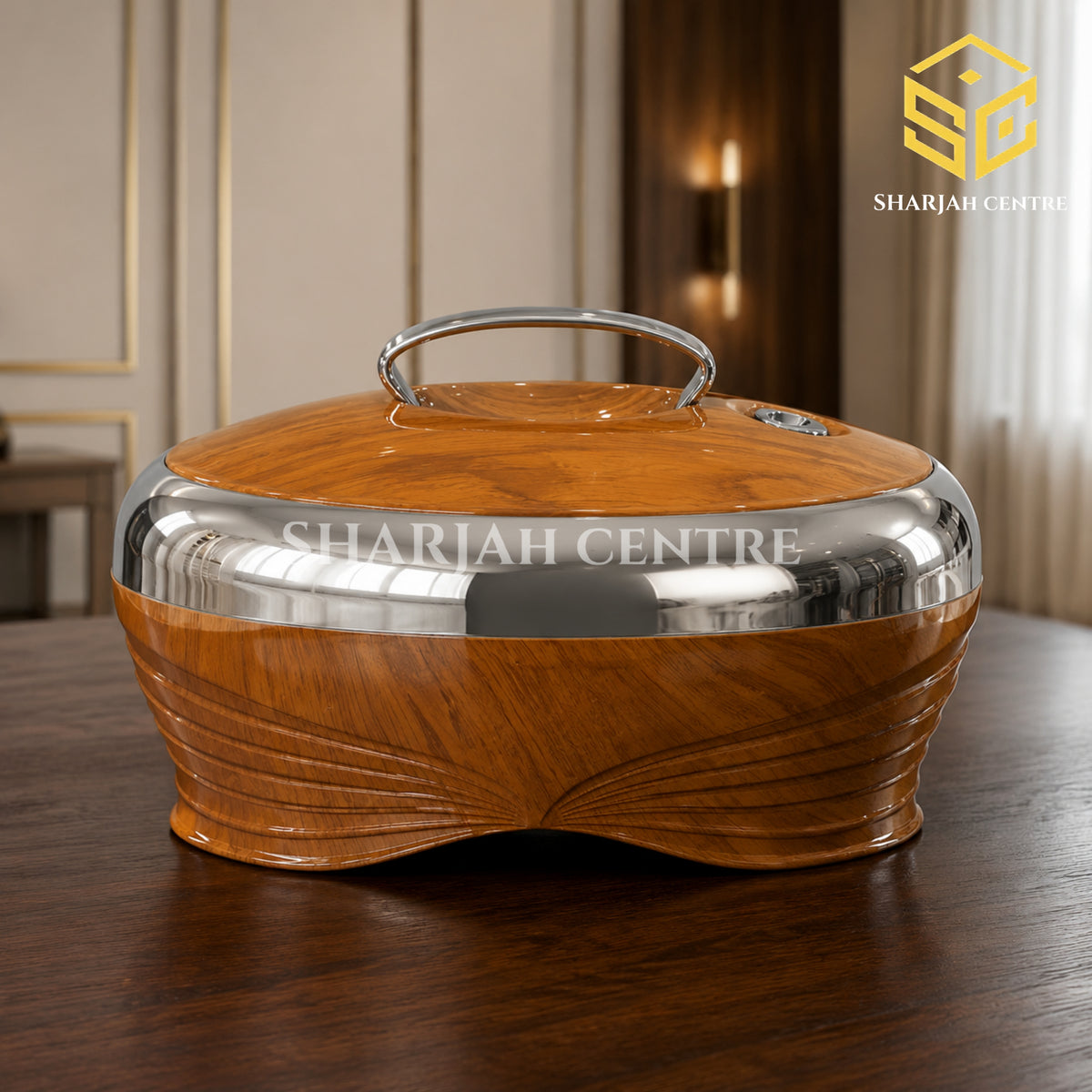 Golden Fire 5 litre wood-finish insulated hotpot with polished silver trim wooden bg