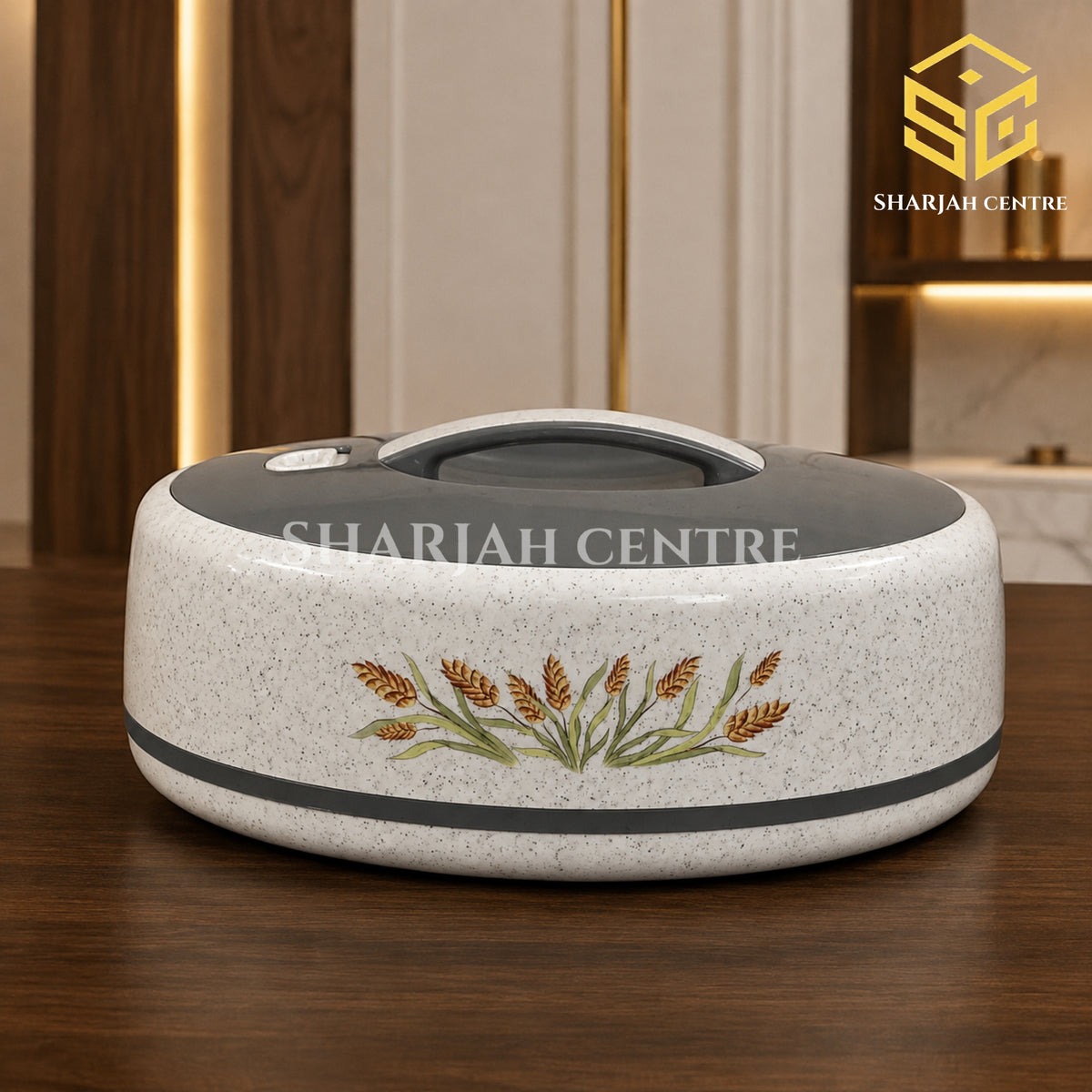 Golden Fire 5 litre ivory floral insulated hotpot with grey lid and wheat design