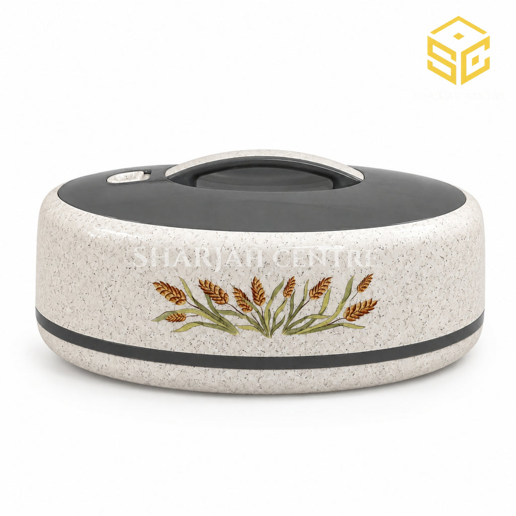 Golden Fire 5 litre ivory floral insulated hotpot with grey lid and wheat design