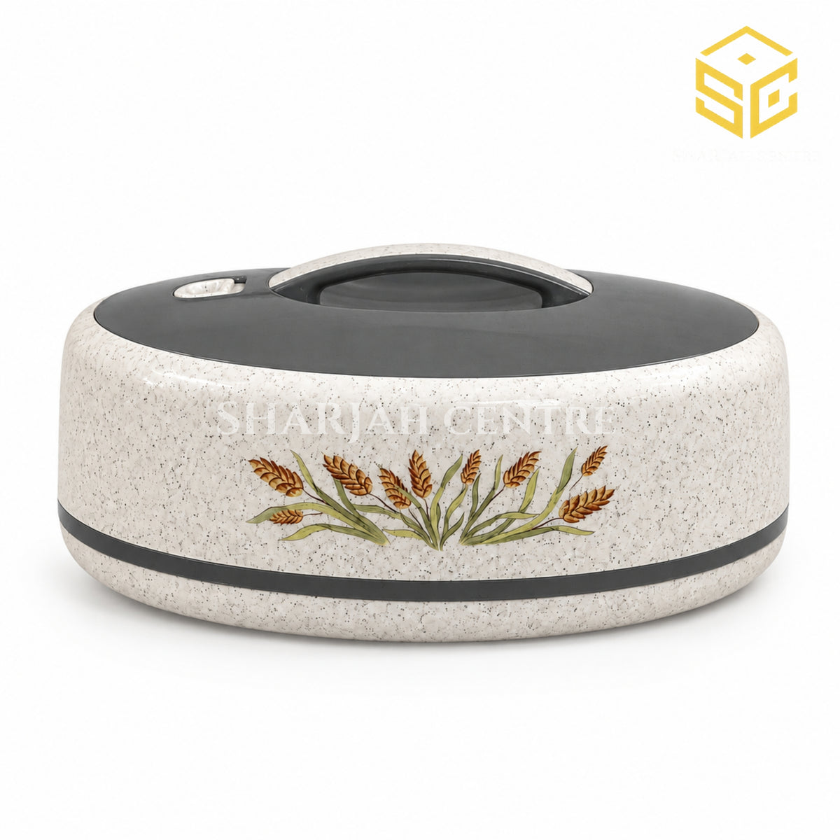 Golden Fire 5 litre ivory floral insulated hotpot with grey lid and wheat design