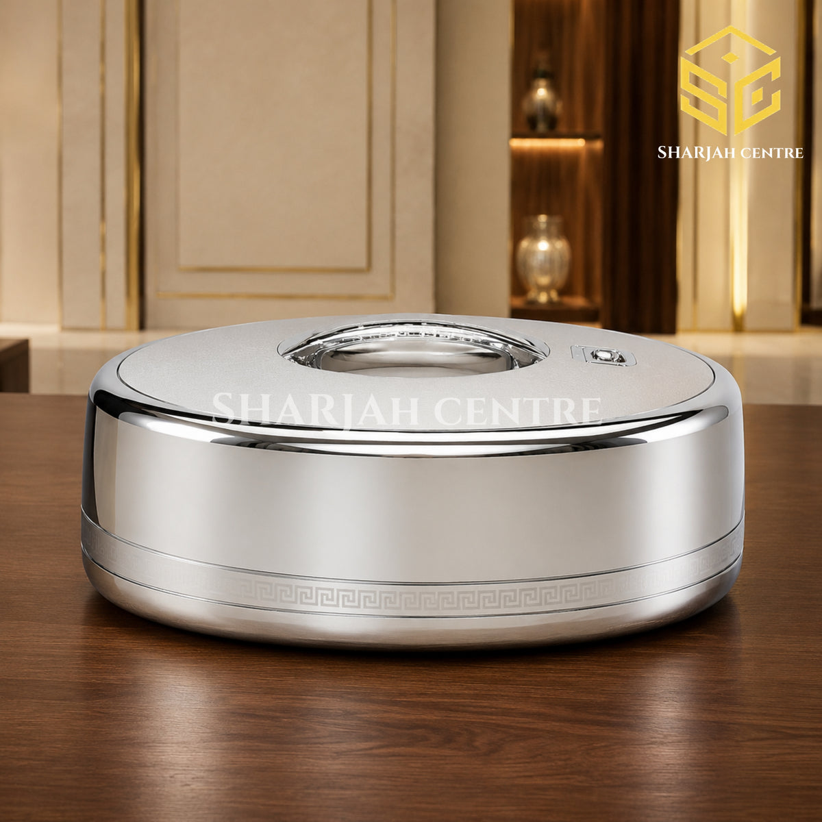 Golden Fire 5 litre silver chrome insulated hotpot with decorative Greek key border wooden bg