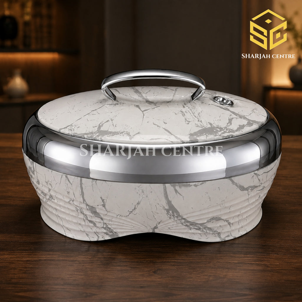 Golden Fire 5 litre white marble insulated hotpot with grey veining and silver trim wooden bg