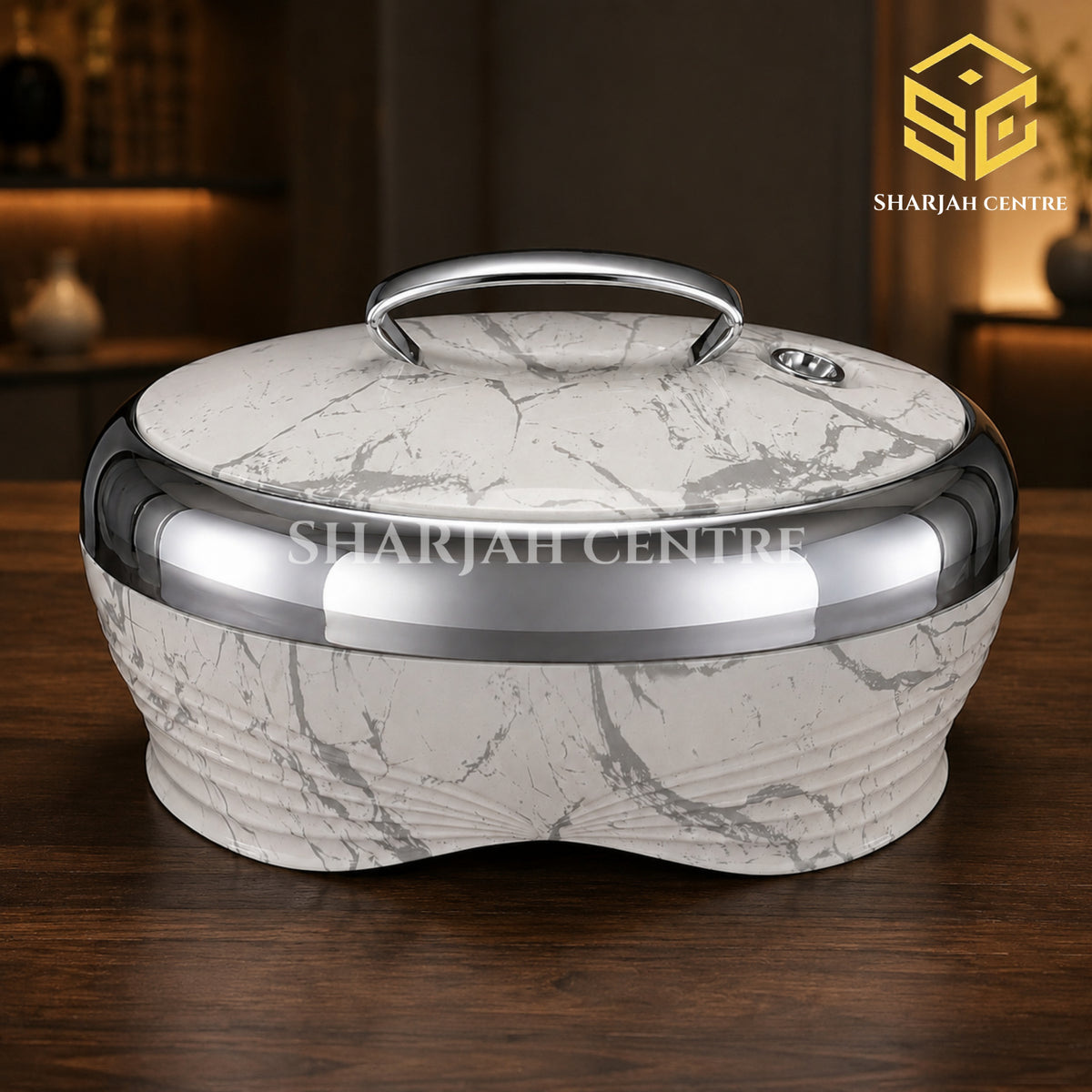 Golden Fire 5 litre white marble insulated hotpot with grey veining and silver trim wooden bg