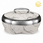 Golden Fire 5 litre white marble insulated hotpot with grey veining and silver trim white bg