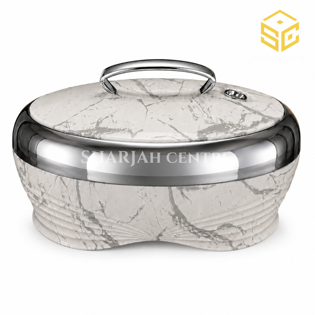 Golden Fire 5 litre white marble insulated hotpot with grey veining and silver trim white bg