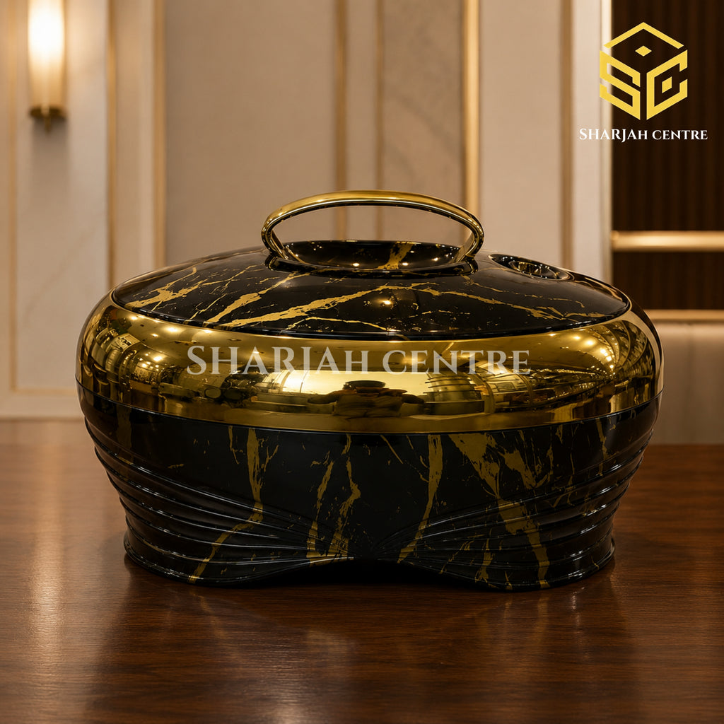 Golden Fire 5 litre black marble insulated hotpot with metallic gold detailing wooden bg