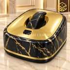 Golden Fire black gold marble rectangular food warmer displayed on a luxury walnut table