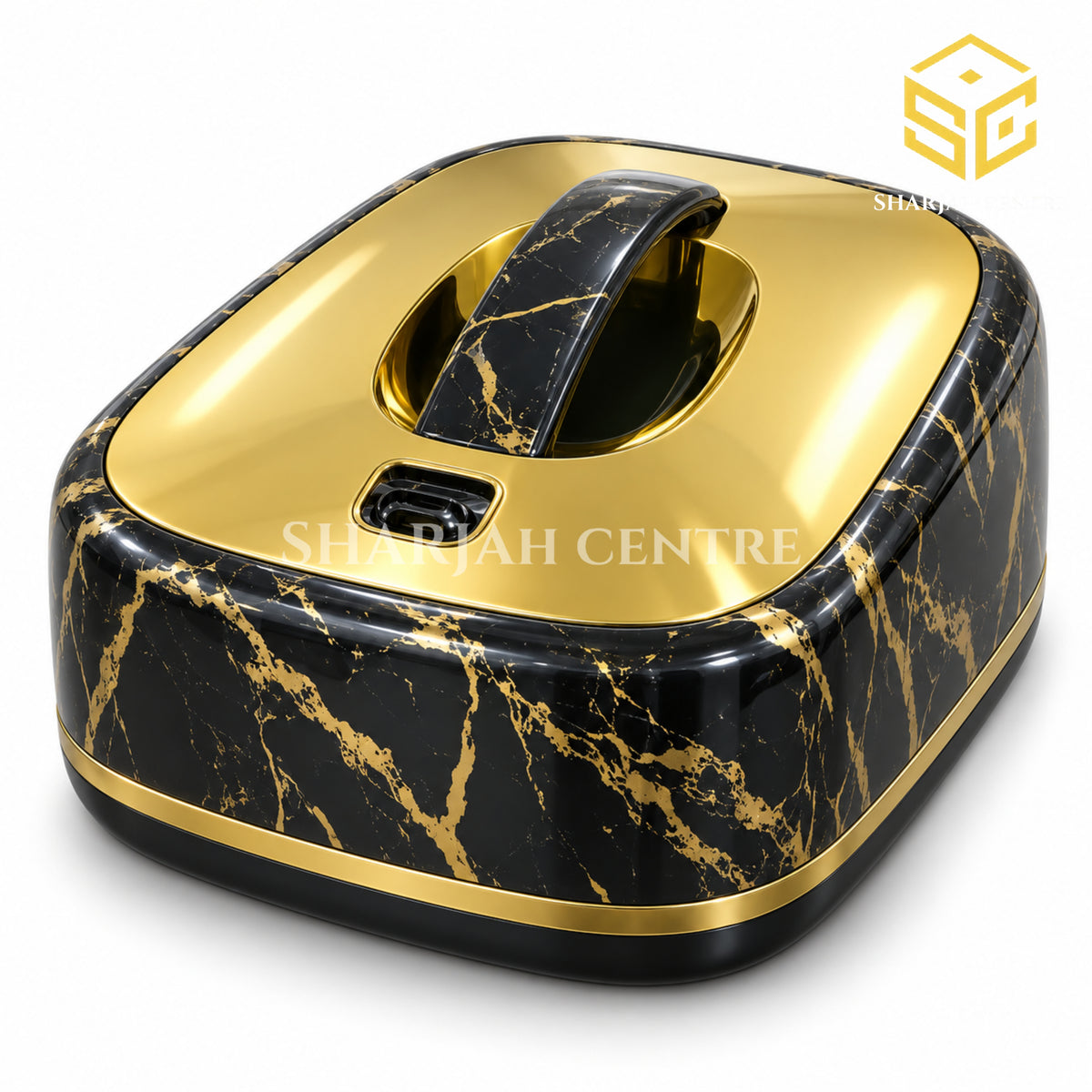Golden Fire 5.5L rectangular insulated food warmer in black and gold marble design