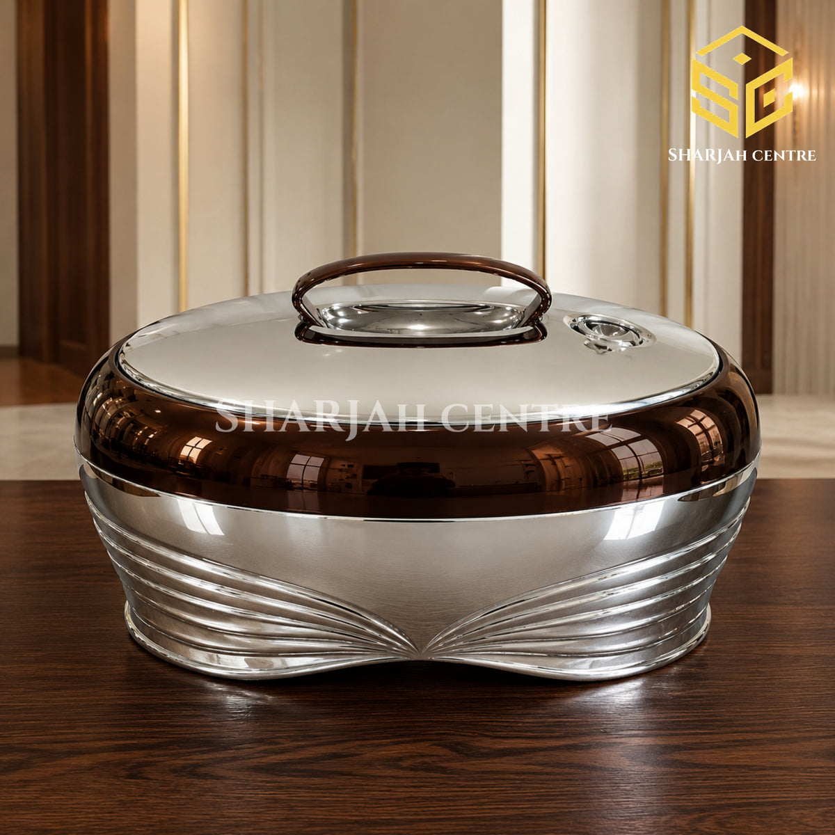 Golden Fire 5 litre coffee brown and silver chrome insulated hotpot wooden bg