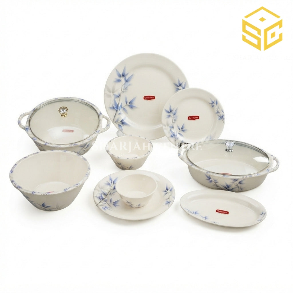 Graceware blue leaf melamine dinner set, 88-piece dinnerware set, crystal coated melamine crockery, 8 person serving, premium blue botanical design