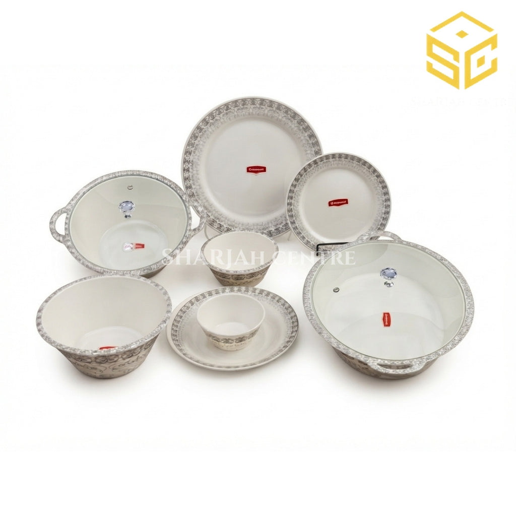 Graceware 88-piece melamine dinner set, grey border dinnerware, crystal coated melamine crockery, 8 person dinner set, ivory grey desig