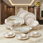 Graceware Nice 16 floral melamine plates and bowls, gold-tone lid handles, cream marble table, warm wooden interior