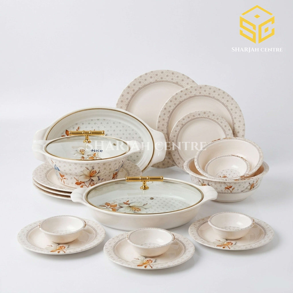 Graceware Nice 16 melamine dinner set, ivory floral dinnerware, grey geometric borders, covered serving dishes, white background