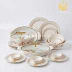 Graceware Nice 16 melamine dinner set, ivory floral dinnerware, grey geometric borders, covered serving dishes, white background