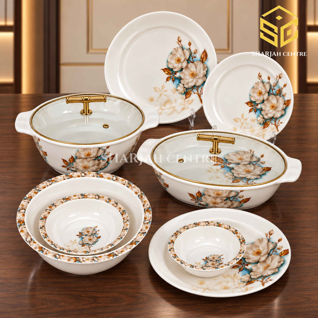 Graceware Nice melamine dinner set, cream floral plates and bowls, gold-tone lid handles, wooden table display