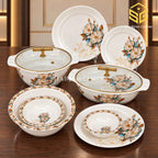 Graceware Nice melamine dinner set, cream floral plates and bowls, gold-tone lid handles, wooden table display