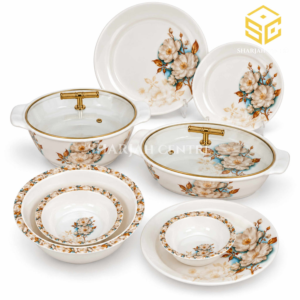 Graceware Nice floral melamine dinnerware, ivory-white plates and bowls, covered serving dishes, white background