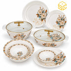 Graceware Nice floral melamine dinnerware, ivory-white plates and bowls, covered serving dishes, white background