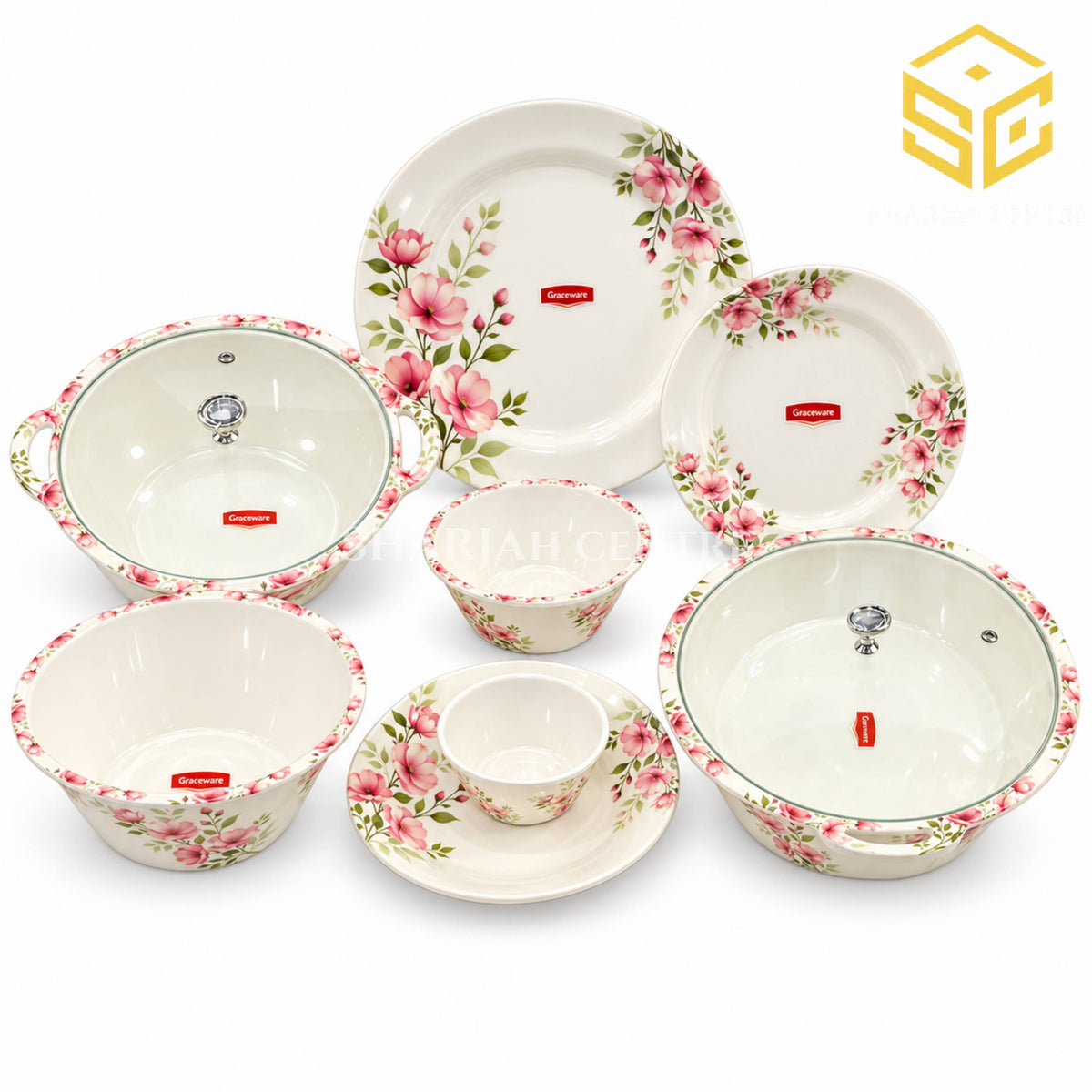 Graceware pink floral melamine dinner set, crystal coated dinnerware, 8 person serving, floral melamine plates and bowls, white background, Sharjah Centre Multan