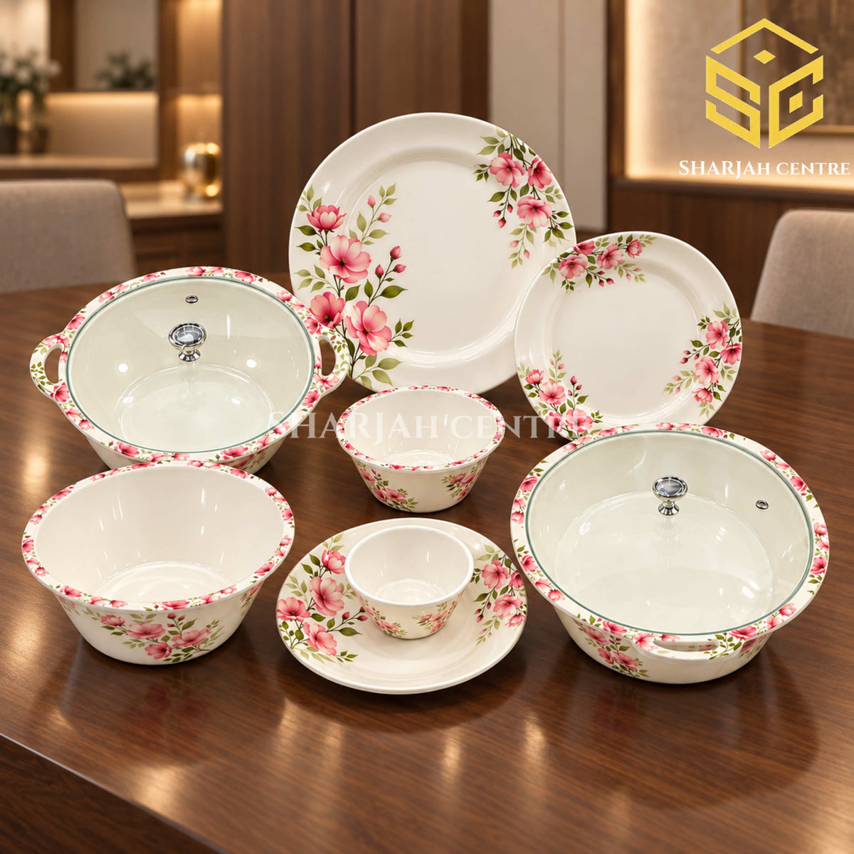 Graceware pink floral melamine dinner set, crystal coated dinnerware, 8 person serving, floral plates bowls and serving dishes, luxury wooden table, Sharjah Centre Multan