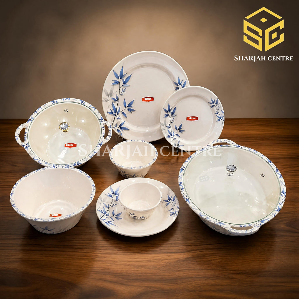 Graceware Theme 88-piece melamine dinner set, blue leaf design, crystal coated dinnerware, melamine plates, melamine bowls, 8 person dinner set, Sharjah Centre Multan