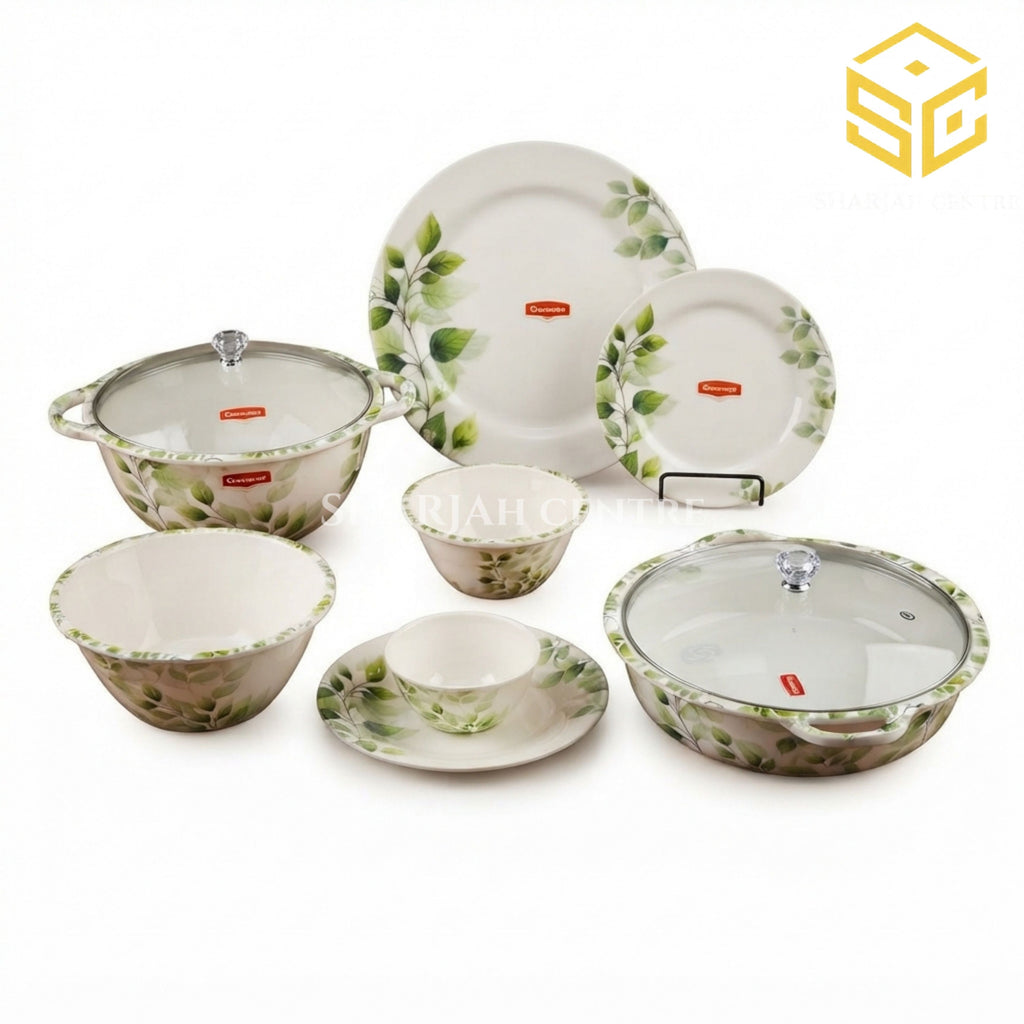 Graceware Theme 88-piece melamine dinner set, green leaf design, crystal coated dinnerware, melamine plates, melamine bowls, 8 person serving, Sharjah Centre Multan