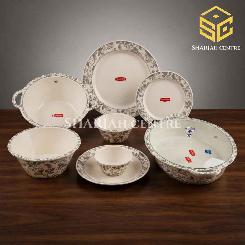 Graceware Theme 88-piece melamine dinner set, grey floral design, crystal coated dinnerware, melamine plates, melamine bowls, 8 person dinner set, Sharjah Centre Multan