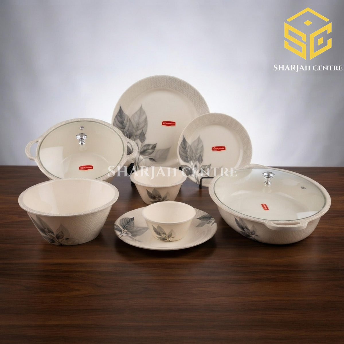 Graceware grey leaf melamine dinner set, 88-piece dinnerware set, crystal coated melamine crockery, 8 person serving, elegant dinner set design
