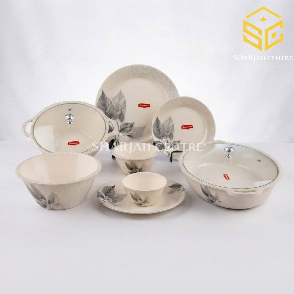 Graceware Theme 88-piece melamine dinner set, grey leaf design, crystal coated dinnerware, melamine plates, melamine bowls, 8 person dinner set, Sharjah Centre Multan