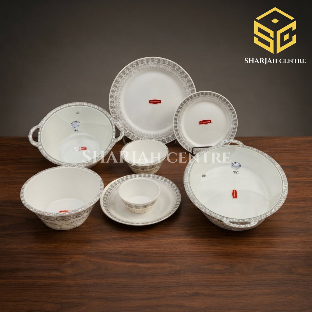 Graceware Theme 88-piece melamine dinner set, grey ornamental design, crystal coated dinnerware, melamine plates, melamine bowls, 8 person serving, Sharjah Centre Multan