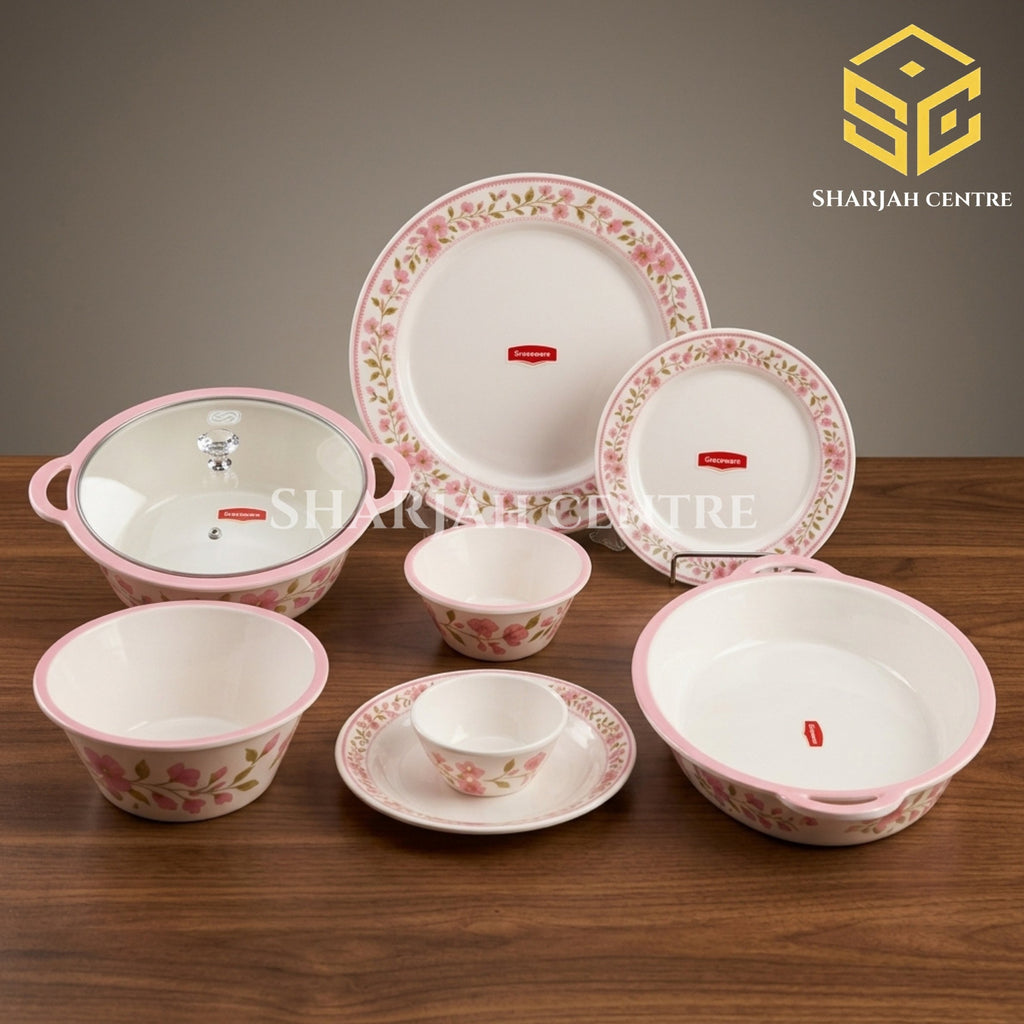 Graceware pink floral melamine dinner set, 88-piece dinnerware set, crystal coated melamine crockery, 8 person serving, wooden table display
