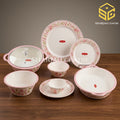 Graceware pink floral melamine dinner set, 88-piece dinnerware set, crystal coated melamine crockery, 8 person serving, wooden table display