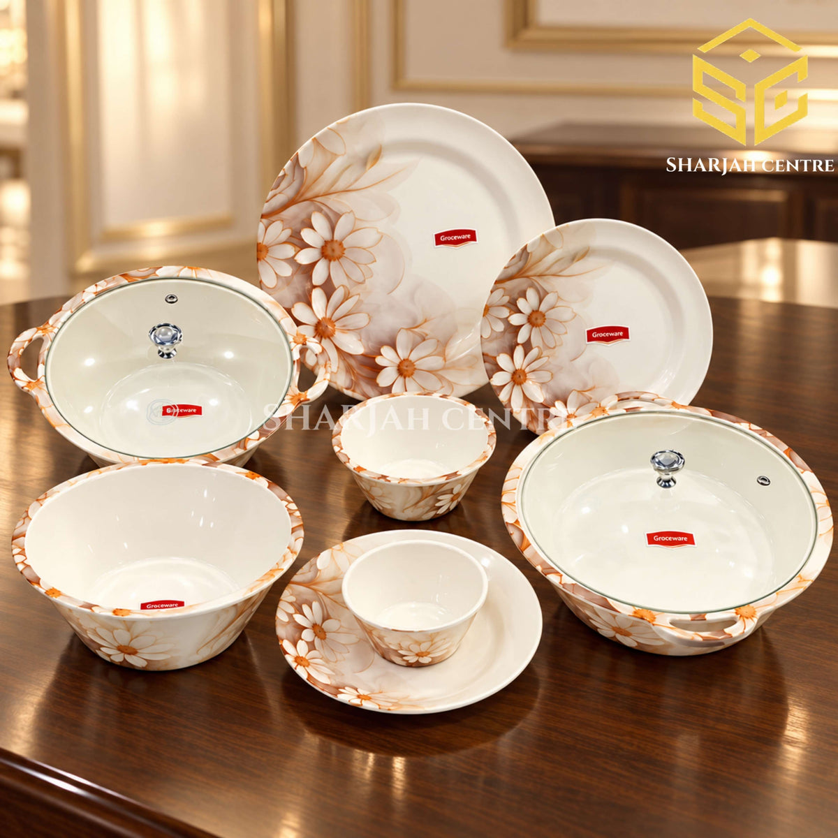 Graceware Theme crystal coated melamine dinner set, 88 pieces, 8 person dinnerware set, beige floral design, melamine plates and bowls, glass lid serving dishes, luxury wooden table, Sharjah Centre Multan