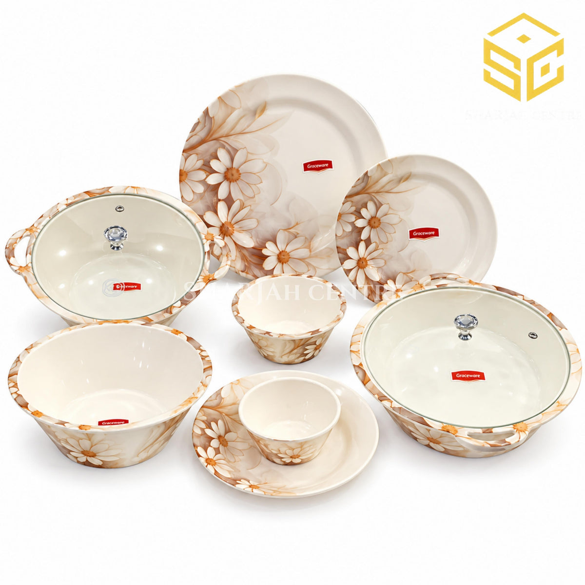 Graceware Theme melamine dinner set, 88 pieces, 8 person serving, crystal coated dinnerware, beige floral dinner set, melamine plates, melamine bowls, glass lid serving dishes, white background, Sharjah Centre Multan